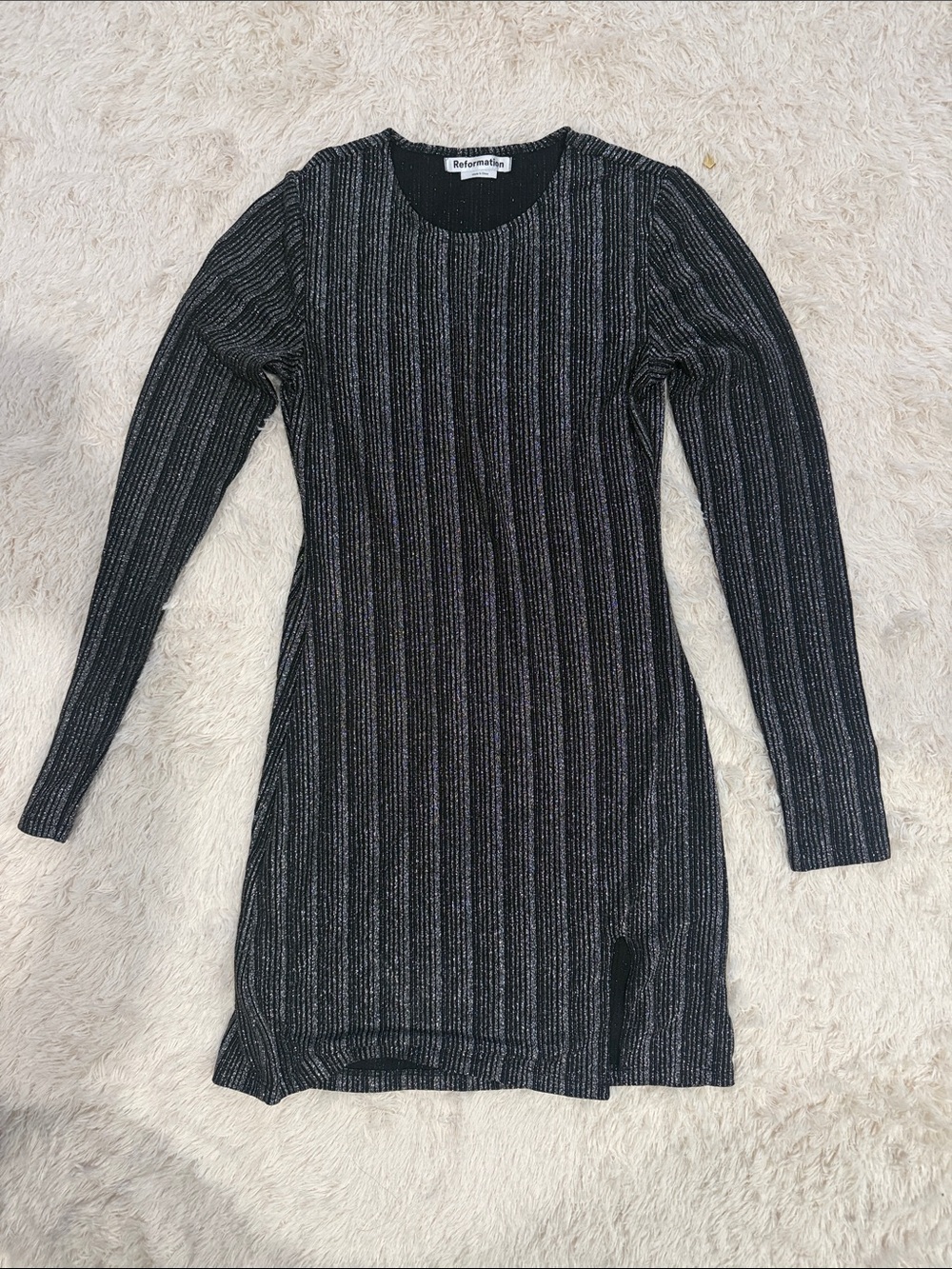 Reformation Black Metallic-Thread Ribbed Long-Sleeve Dress